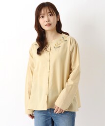 綿麻 ミモザ刺繍 前開きブラウス