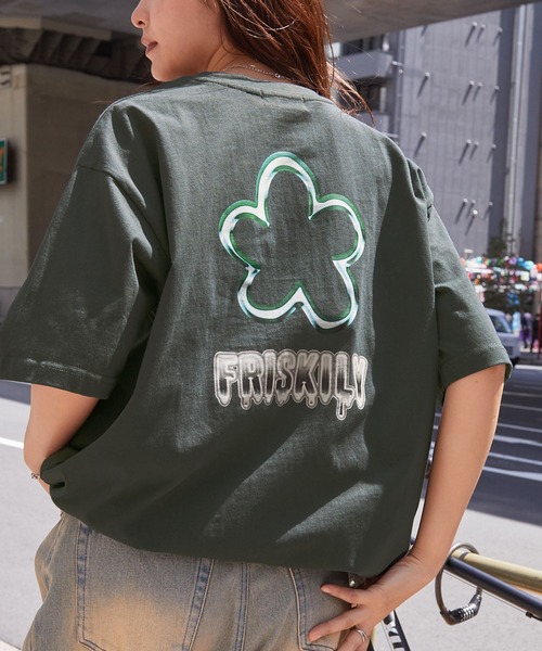 セール】メタリックデザインロゴプリント ドロスト半袖Tシャツ