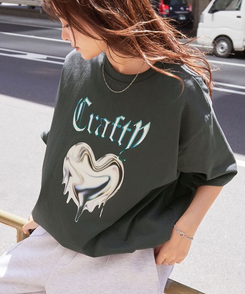 セール】メタリックデザインロゴプリント ドロスト半袖Tシャツ