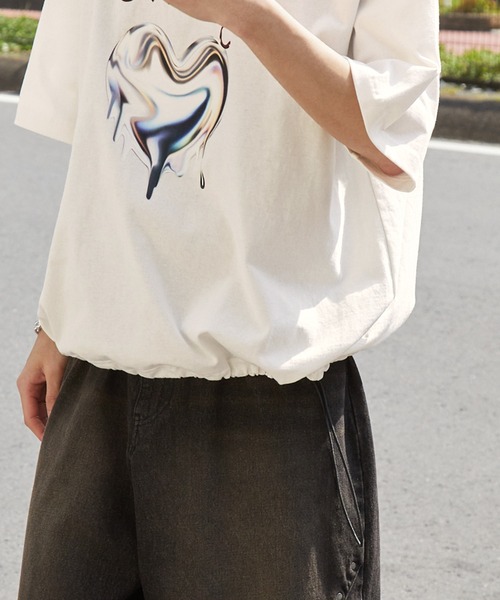 メタリックロゴ ルーズ Tシャツ 半袖 ストリート 夏 5色 hra307 メタリックデザインロゴプリント ドロスト半袖Tシャツ（Tシャツ