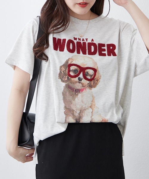 continuer de NICE CLAUP（コンティニューデナイスクラップ）の「メガネ犬半袖Ｔ（Tシャツ/カットソー・レディース・オフホワイト/スミクロ/オートミール・FREE）」の3枚目の写真