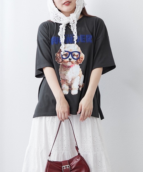 continuer de NICE CLAUP（コンティニューデナイスクラップ）の「メガネ犬半袖Ｔ（Tシャツ/カットソー・レディース・オフホワイト/スミクロ/オートミール・FREE）」の18枚目の写真