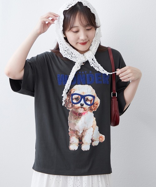 continuer de NICE CLAUP（コンティニューデナイスクラップ）の「メガネ犬半袖Ｔ（Tシャツ/カットソー・レディース・オフホワイト/スミクロ/オートミール・FREE）」の13枚目の写真