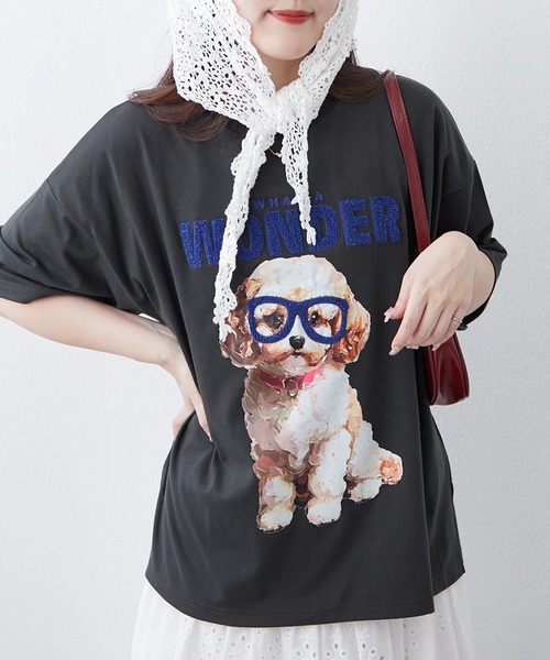 continuer de NICE CLAUP（コンティニューデナイスクラップ）の「メガネ犬半袖Ｔ（Tシャツ/カットソー・レディース・オフホワイト/スミクロ/オートミール・FREE）」の22枚目の写真