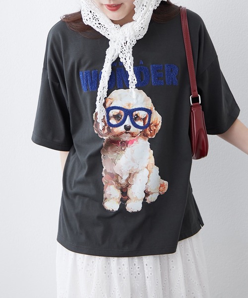 continuer de NICE CLAUP（コンティニューデナイスクラップ）の「メガネ犬半袖Ｔ（Tシャツ/カットソー・レディース・オフホワイト/スミクロ/オートミール・FREE）」の17枚目の写真