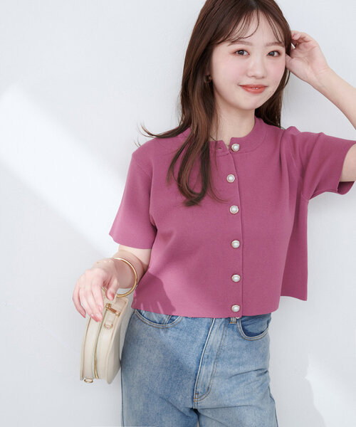 natural couture（ナチュラルクチュール）の「ミラノリブデザイン釦半袖カーディガン（カーディガン/ボレロ・レディース・ネイビー/ピンク系その他/レッド/オフホワイト/ブルー・FREE）」の5枚目の写真