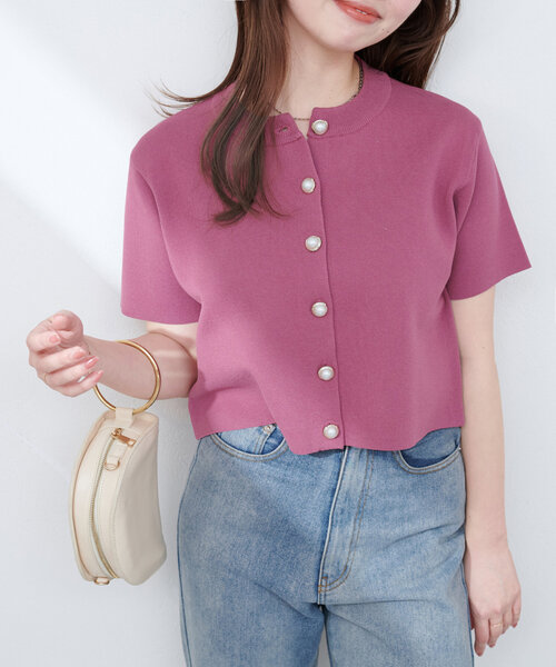 natural couture（ナチュラルクチュール）の「ミラノリブデザイン釦半袖カーディガン（カーディガン/ボレロ・レディース・ネイビー/ピンク系その他/レッド/オフホワイト/ブルー・FREE）」の8枚目の写真