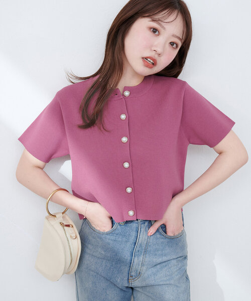 natural couture（ナチュラルクチュール）の「ミラノリブデザイン釦半袖カーディガン（カーディガン/ボレロ・レディース・ネイビー/ピンク系その他/レッド/オフホワイト/ブルー・FREE）」の7枚目の写真