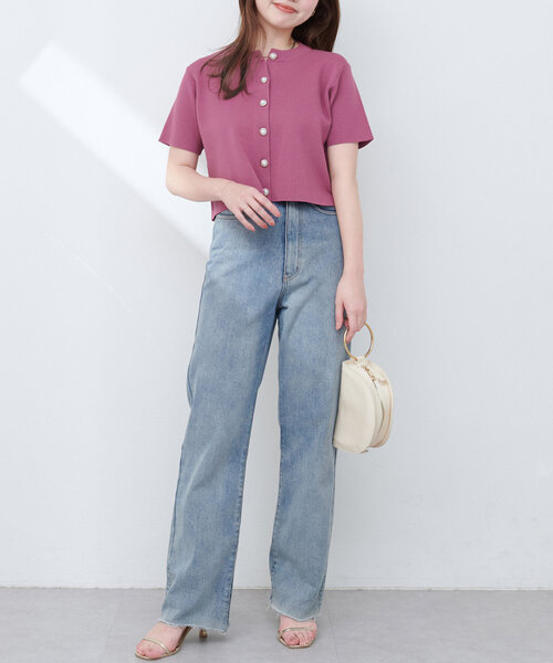 natural couture（ナチュラルクチュール）の「ミラノリブデザイン釦半袖カーディガン（カーディガン/ボレロ・レディース・ネイビー/ピンク系その他/レッド/オフホワイト/ブルー・FREE）」の6枚目の写真