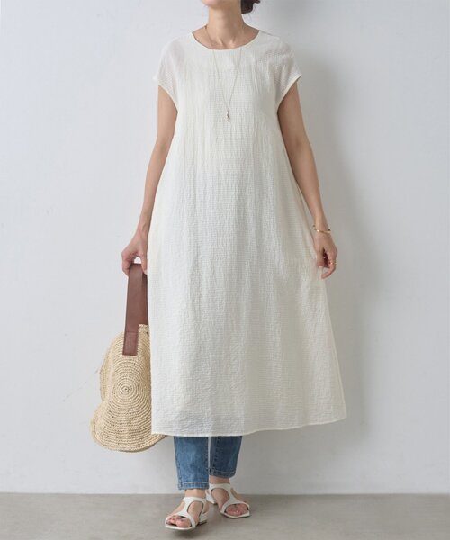 【美品】BEARDSLEY ビアズリー　リネン混 サッカーワンピース BEARDSLEY ビアズリー サッカーワンピース 麻混 ブルー｜Yahoo