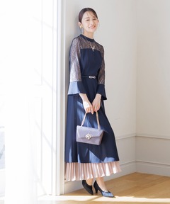 スタンドカラー スリットワンピース+プリーツスカート/セットアップ