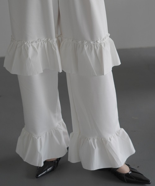Clum(クルム)の「Frill wide easy sweat jersey pants / フリルワイドイージースウェットジャージパンツ(スウェットパンツ・レディース・ブラック/ホワイト・FREE)」の14枚目の写真
