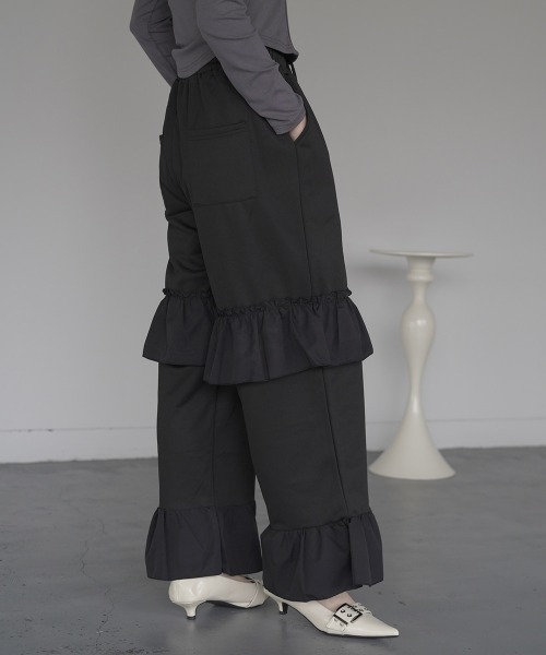 Clum(クルム)の「Frill wide easy sweat jersey pants / フリルワイドイージースウェットジャージパンツ(スウェットパンツ・レディース・ブラック/ホワイト・FREE)」の21枚目の写真