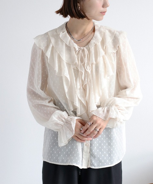 cepo（セポ）の「ドットジャガード シアーフリルシャツブラウス（シャツ/ブラウス・レディース・ブラック/オフホワイト・M）」の13枚目の写真