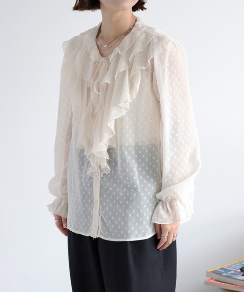 cepo（セポ）の「ドットジャガード シアーフリルシャツブラウス（シャツ/ブラウス・レディース・ブラック/オフホワイト・M）」の12枚目の写真