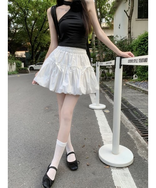 Ritzy(リッツィー)の「シャーリング仕様 フリルデザイン リボン付きスカート(スカート・レディース・ブラック/ホワイト/グレー・L/M/S)」の4枚目の写真