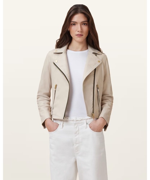 ALLSAINTS(オールセインツ)の「DALBY SLIM FIT LEATHER BIKER JACKET | DALBY スリム フィット レザー バイカー ジャケット(ライダースジャケット・レディース・アイボリー・4/6/8/10/12)」の1枚目の写真
