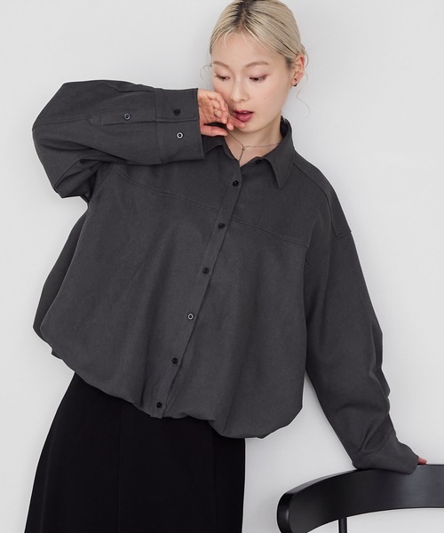 forksy.（フォルクシー）の「【forksy.】バルーンヘムショート丈シャツジャケット（ブルゾン・レディース・ブラウン/チャコールグレー/ライトベージュ/ブラック・FREE）」の2枚目の写真