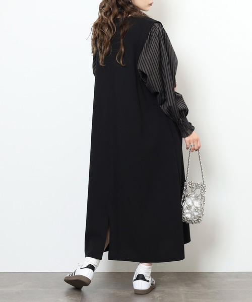 EGLANTINE(エグランティーヌ)の「EGLANTINE レイヤード風 袖ストライプワンピース(ワンピース・レディース・ブラック/ネイビー・38)」の6枚目の写真