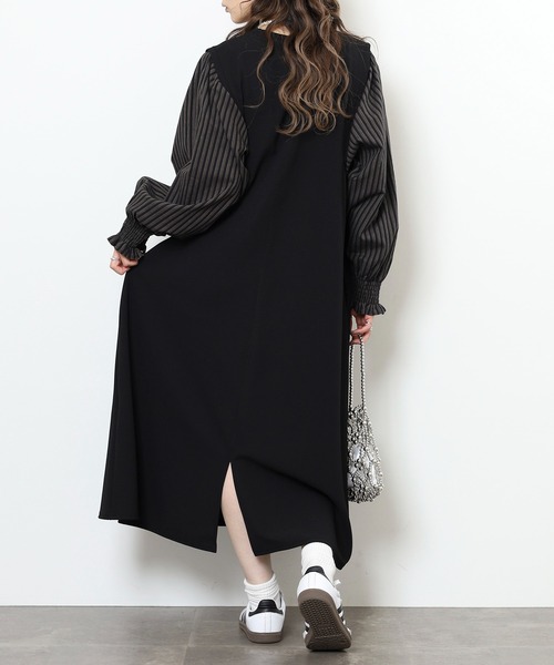 EGLANTINE(エグランティーヌ)の「EGLANTINE レイヤード風 袖ストライプワンピース(ワンピース・レディース・ブラック/ネイビー・38)」の7枚目の写真