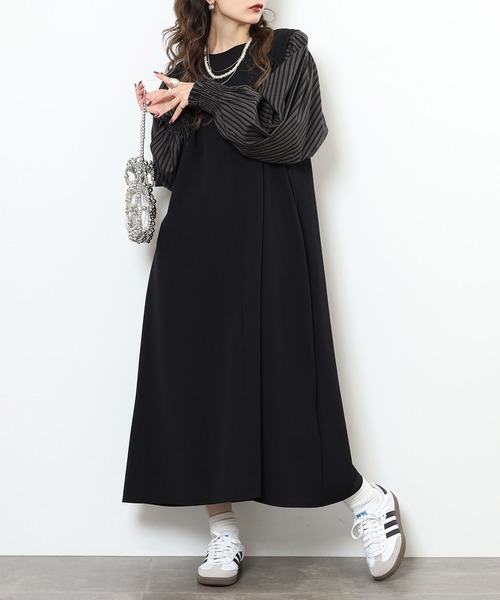 EGLANTINE(エグランティーヌ)の「EGLANTINE レイヤード風 袖ストライプワンピース(ワンピース・レディース・ブラック/ネイビー・38)」の4枚目の写真