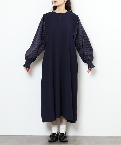 EGLANTINE(エグランティーヌ)の「EGLANTINE レイヤード風 袖ストライプワンピース(ワンピース・レディース・ブラック/ネイビー・38)」の14枚目の写真