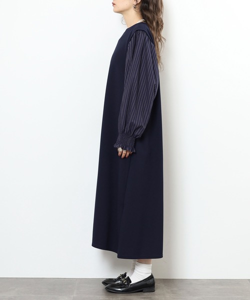 EGLANTINE(エグランティーヌ)の「EGLANTINE レイヤード風 袖ストライプワンピース(ワンピース・レディース・ブラック/ネイビー・38)」の15枚目の写真