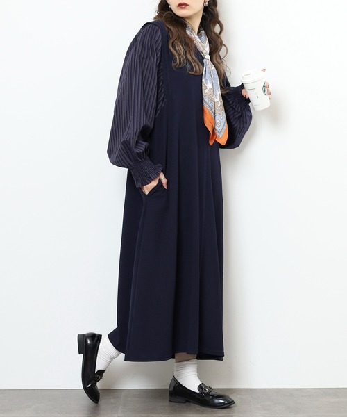 EGLANTINE(エグランティーヌ)の「EGLANTINE レイヤード風 袖ストライプワンピース(ワンピース・レディース・ブラック/ネイビー・38)」の11枚目の写真