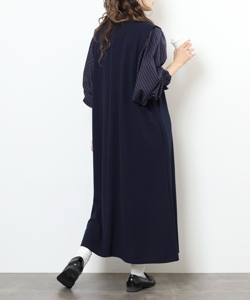 EGLANTINE(エグランティーヌ)の「EGLANTINE レイヤード風 袖ストライプワンピース(ワンピース・レディース・ブラック/ネイビー・38)」の12枚目の写真