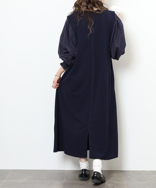 EGLANTINE(エグランティーヌ)の「EGLANTINE レイヤード風 袖ストライプワンピース(ワンピース・レディース・ブラック/ネイビー・38)」の13枚目の写真
