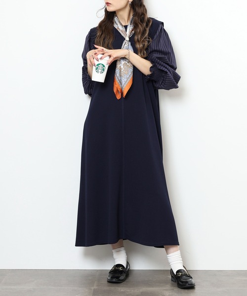 EGLANTINE(エグランティーヌ)の「EGLANTINE レイヤード風 袖ストライプワンピース(ワンピース・レディース・ブラック/ネイビー・38)」の9枚目の写真