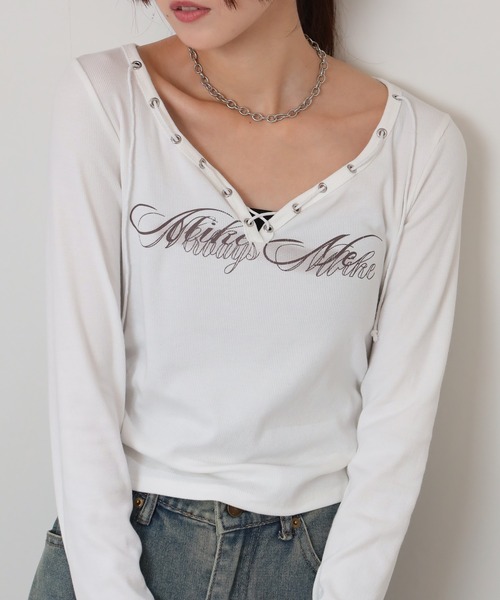 pumpkin port（パンプキンポート）の「Vネック ロゴプリント スピンドルデザイン テレコロンT（Tシャツ/カットソー・レディース・ブラック/ワインレッド/ブラウン/ホワイト/ベージュ・M）」の16枚目の写真