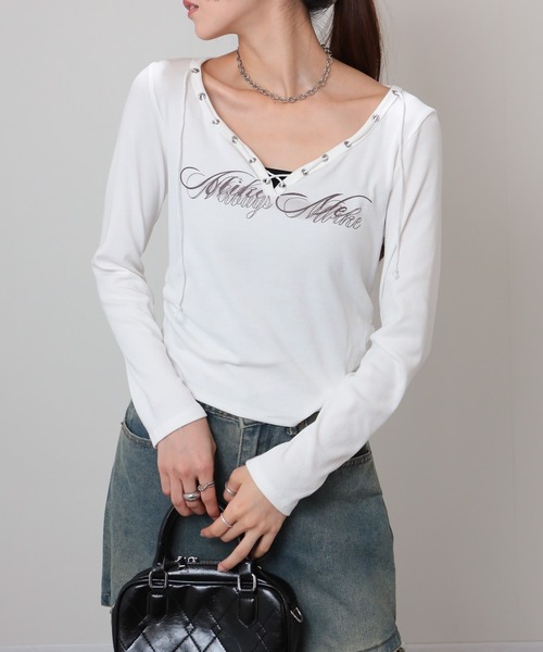 pumpkin port（パンプキンポート）の「Vネック ロゴプリント スピンドルデザイン テレコロンT（Tシャツ/カットソー・レディース・ブラック/ワインレッド/ブラウン/ホワイト/ベージュ・M）」の18枚目の写真