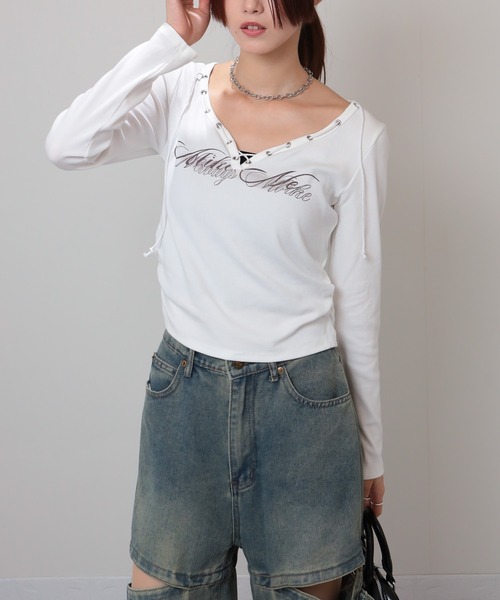 pumpkin port（パンプキンポート）の「Vネック ロゴプリント スピンドルデザイン テレコロンT（Tシャツ/カットソー・レディース・ブラック/ワインレッド/ブラウン/ホワイト/ベージュ・M）」の19枚目の写真