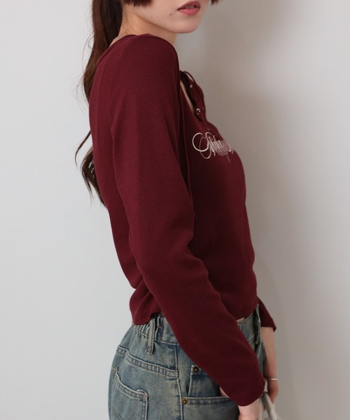 pumpkin port（パンプキンポート）の「Vネック ロゴプリント スピンドルデザイン テレコロンT（Tシャツ/カットソー・レディース・ブラック/ワインレッド/ブラウン/ホワイト/ベージュ・M）」の6枚目の写真