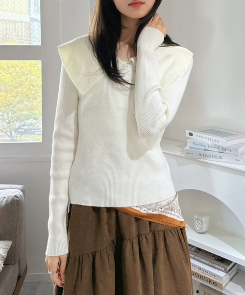 Jewelobe(ジュエローブ)の「ビッグカラーリブニットトップス(ニット/セーター・レディース・ネイビー/オフホワイト/グレー・FREE)」の22枚目の写真