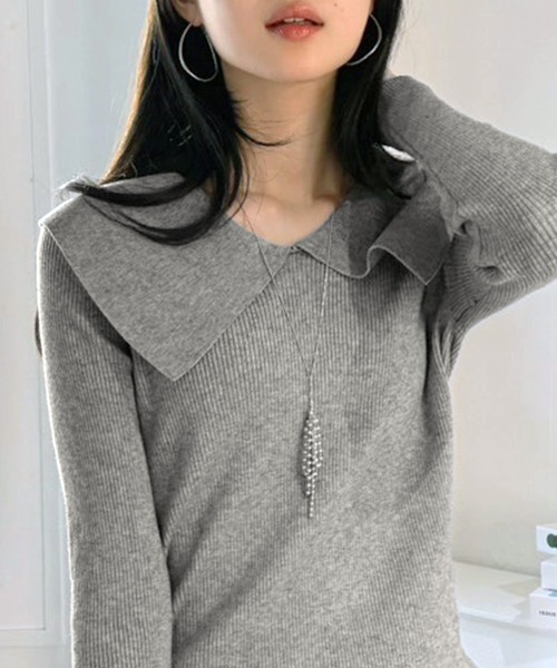 Jewelobe(ジュエローブ)の「ビッグカラーリブニットトップス(ニット/セーター・レディース・ネイビー/オフホワイト/グレー・FREE)」の6枚目の写真