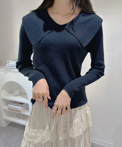 Jewelobe(ジュエローブ)の「ビッグカラーリブニットトップス(ニット/セーター・レディース・ネイビー/オフホワイト/グレー・FREE)」の12枚目の写真