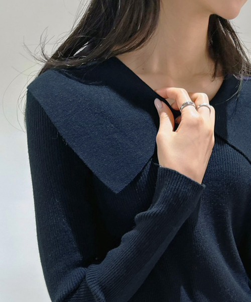 Jewelobe(ジュエローブ)の「ビッグカラーリブニットトップス(ニット/セーター・レディース・ネイビー/オフホワイト/グレー・FREE)」の15枚目の写真