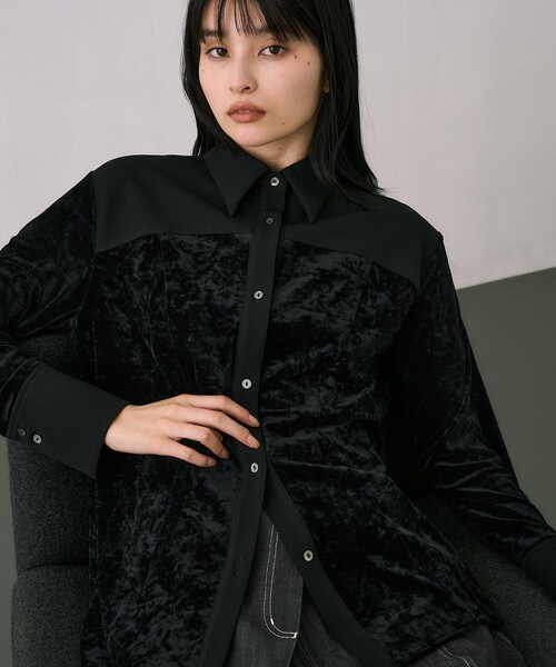 セール】クラッシュベロアコンビストレッチシャツ｜ウォッシャブル/細