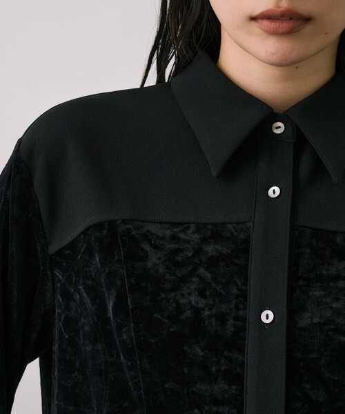 セール】クラッシュベロアコンビストレッチシャツ｜ウォッシャブル/細
