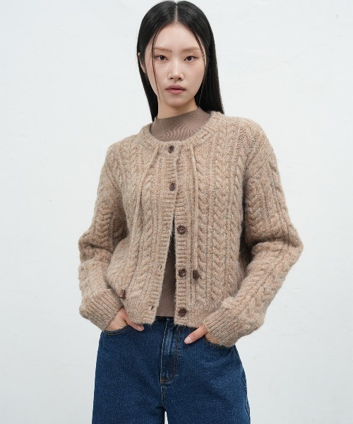 セール】【GENERAL IDEA】バルーン袖ヘアリーケーブルカーディガン