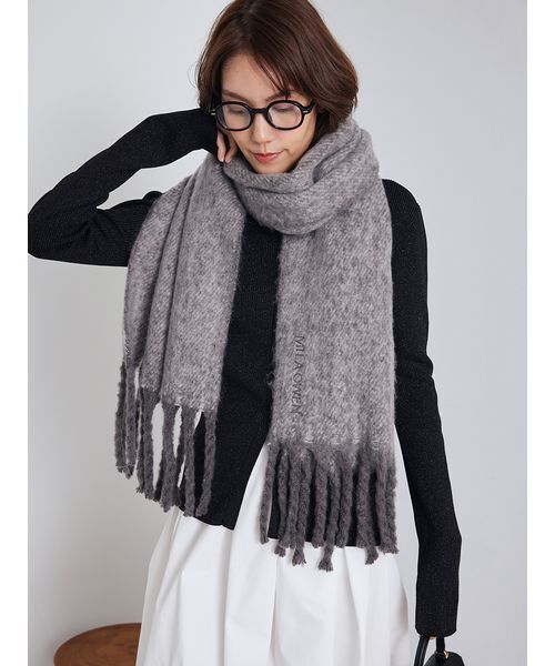 Mila Owen(ミラオーウェン)の「ツイストフリンジストール(ストール/ショール・レディース・ミント/チェック/グレー/アイボリー・F)」の1枚目の写真