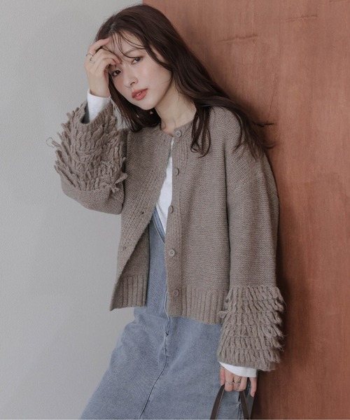 AMELY(エミリー)の「ガーター編みニットカーディガン(カーディガン/ボレロ・レディース・ブラック/ブラウン/グレー/ライトベージュ・フリー)」の1枚目の写真
