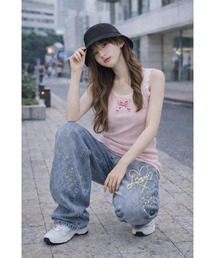 【Bls】【Bling Leads】刺繍入カーブデニムペンキプリント