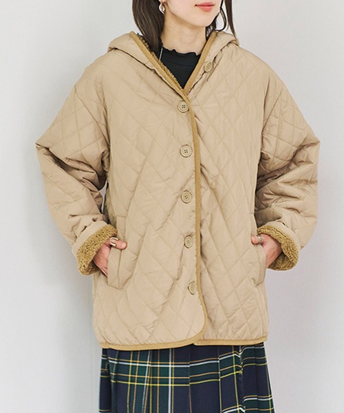 Fizz（フィズ）の「フード付き　裏ボアキルティングジャケット（ブルゾン・レディース・アイボリー/ブラック/カーキ/ベージュ/ネイビー・M）」の3枚目の写真