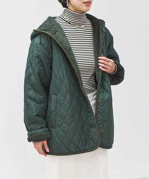 セール】フード付き 裏ボア中綿キルティングジャケット（ブルゾン