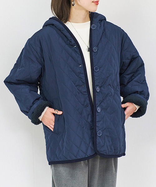 セール】フード付き 裏ボア中綿キルティングジャケット（ブルゾン