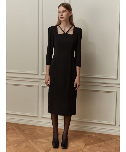 サテンストラップワンピースブラックロング