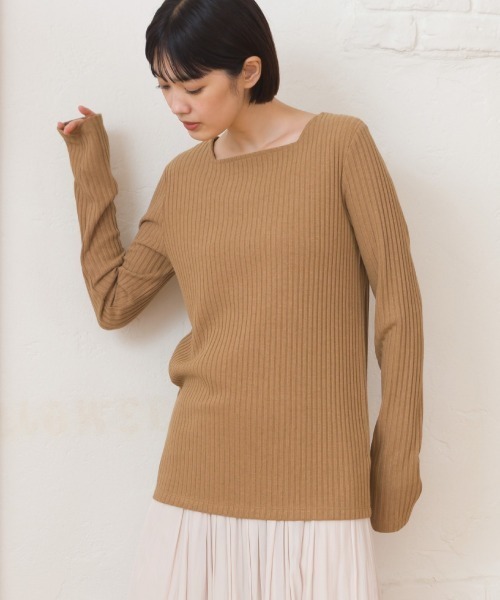 セール】テレコスクエアネック長袖トップス（Tシャツ/カットソー